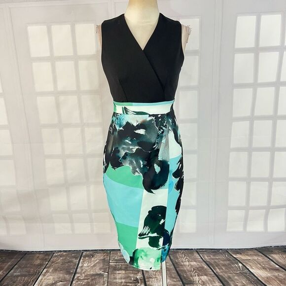 Closet Women's Sleeveless Black Top Wrap Skirt Scuba Feel Pencil Dress Size 6 - Picture 1 of 11